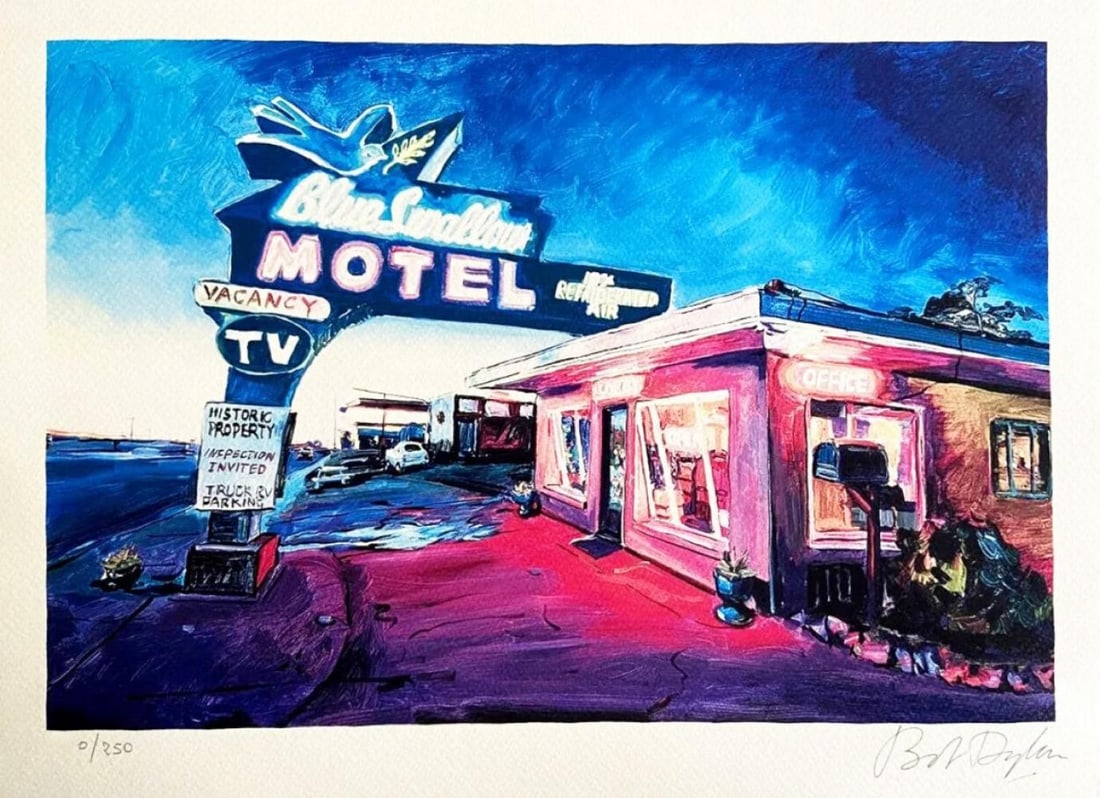 BOB DYLAN 'MOTEL OF THE BLUE SWALLOW - ROUTE 66' LIMITED EDITION LITHOGRAPH: Description BOB DYLAN ''Motel of the Blue Swallow: Route 66" Lithograph on paper Size- 30 x 41cm. Edition of 250, Numbered in pencil Bob Dylan's signature printed in lithography on the plate Published