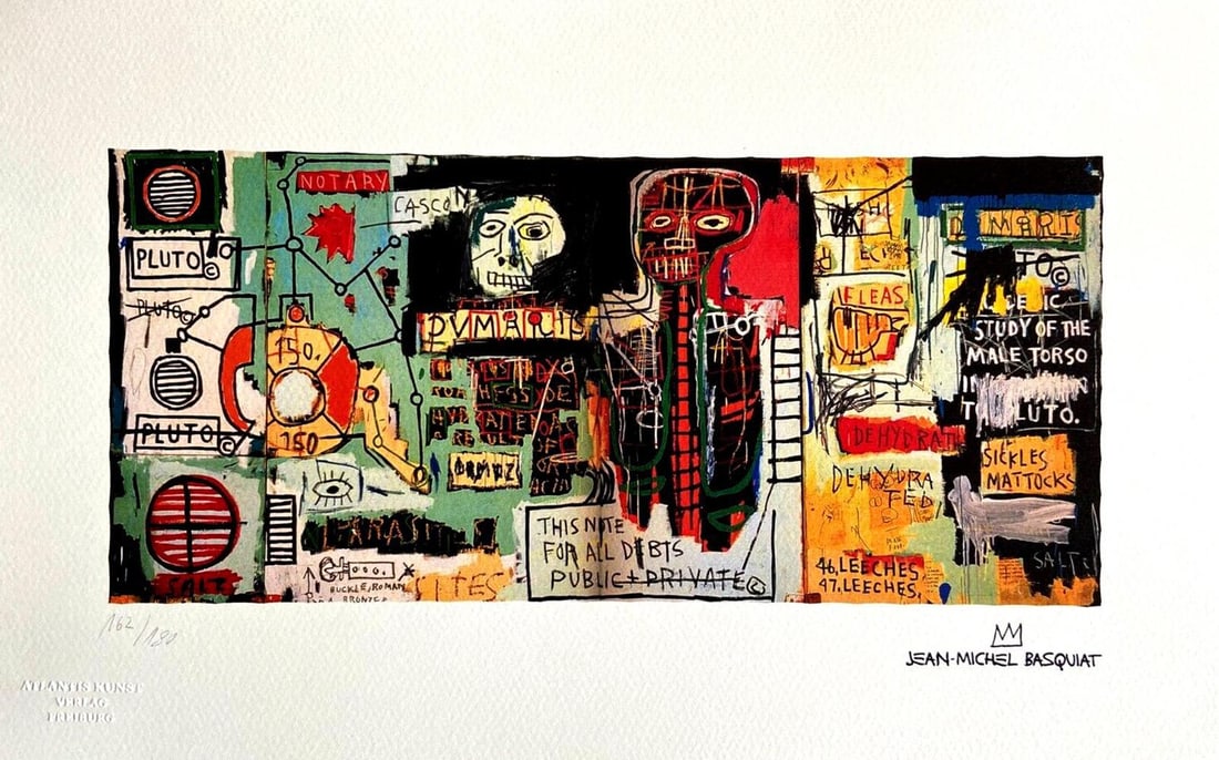 Jean-Michel Basquiat 'Untitled' 1987, Limited Edition Lithograph: Jean-Michel Basquiat "Un-Title" Chromolithograph printed in 1987 and reproduced in 180 copies, numbered in pencil Published by Atlantis Verlag, Freiburg 30x47 cm Jean-Michel Basquiat's signature on th