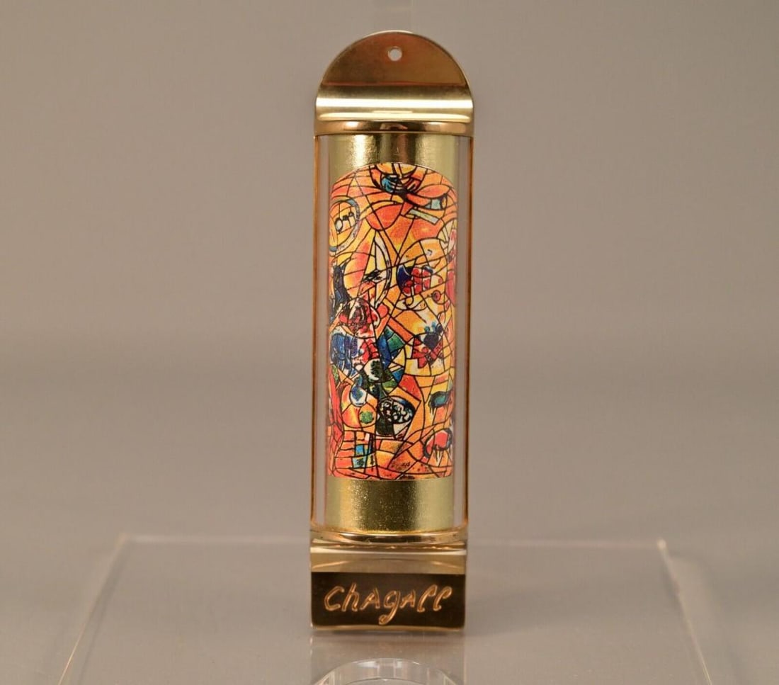 Marc Chagall, Gold Plated Mezuzah: Artist: Marc Chagall Title: Gold Plated Mezuzah Size: Measurements: Approx. 5.375 Inches Tall (13.65 cm) & Approx. 1.5 Inches Wide (3.81 cm) Description: This is Rare & Original Vintage Gilded Bronze