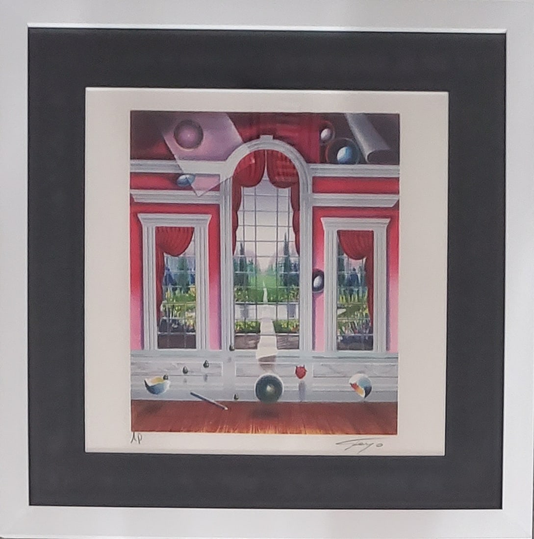FRAMED FERJO- "RED ROOM" LITHOGRAPH, SIGNED & NUMBERED AP. FERJO COA: Description Ferjo - Fernando de Jesus Oliveira (Bahia, Brazil in 1946) "RED ROOM" Lithograph on paper Image Size -11.5" X 11.5", Frame Size- 16.5 x 16.5 Signed & numbered in pencil Edition number: AP