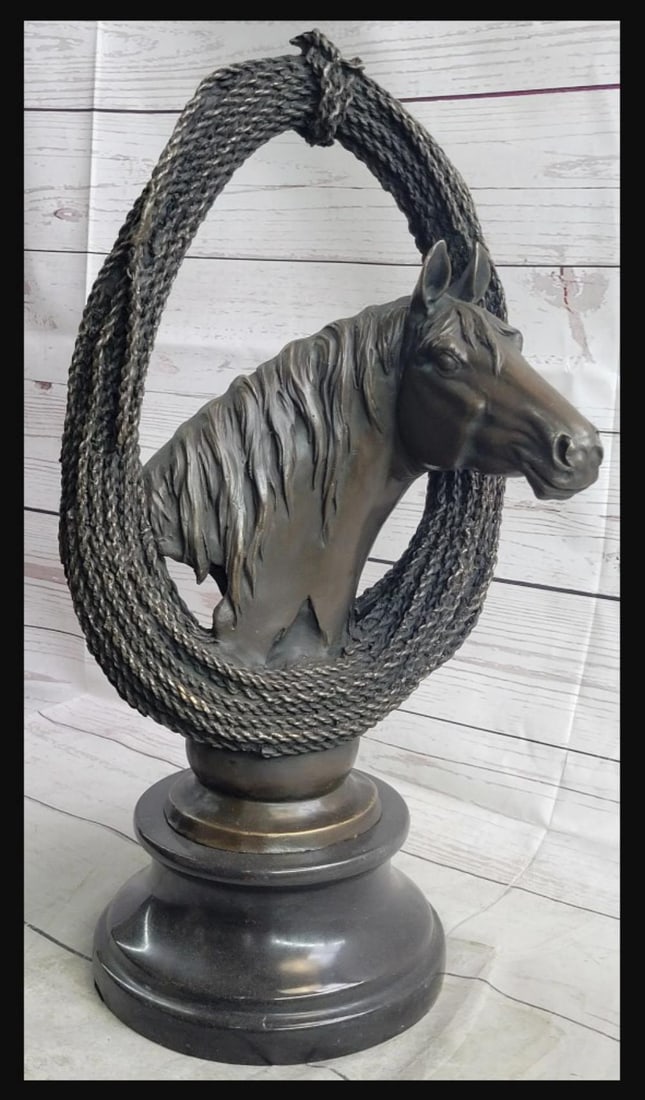 Milo, Equestrian Horse Bust Framed In A Lasso, Bronze Sculpture On Marble Base (1 of 4)