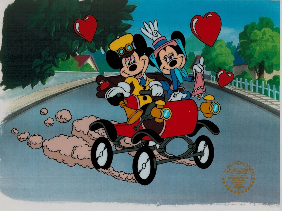 Disney, 'Mickey Mouse & Minnie Mouse Take a Ride', Limited Edition Animation Cel: Walt Disney, Circa 1990'sCelebrating the 1941 theatrical short. Cozy in a red jalopy, MINNIE MOUSE coyly waves a pink, lace-edged hanky, while MICKEY MOUSE steers, ready to honk the car horn. Hearts s
