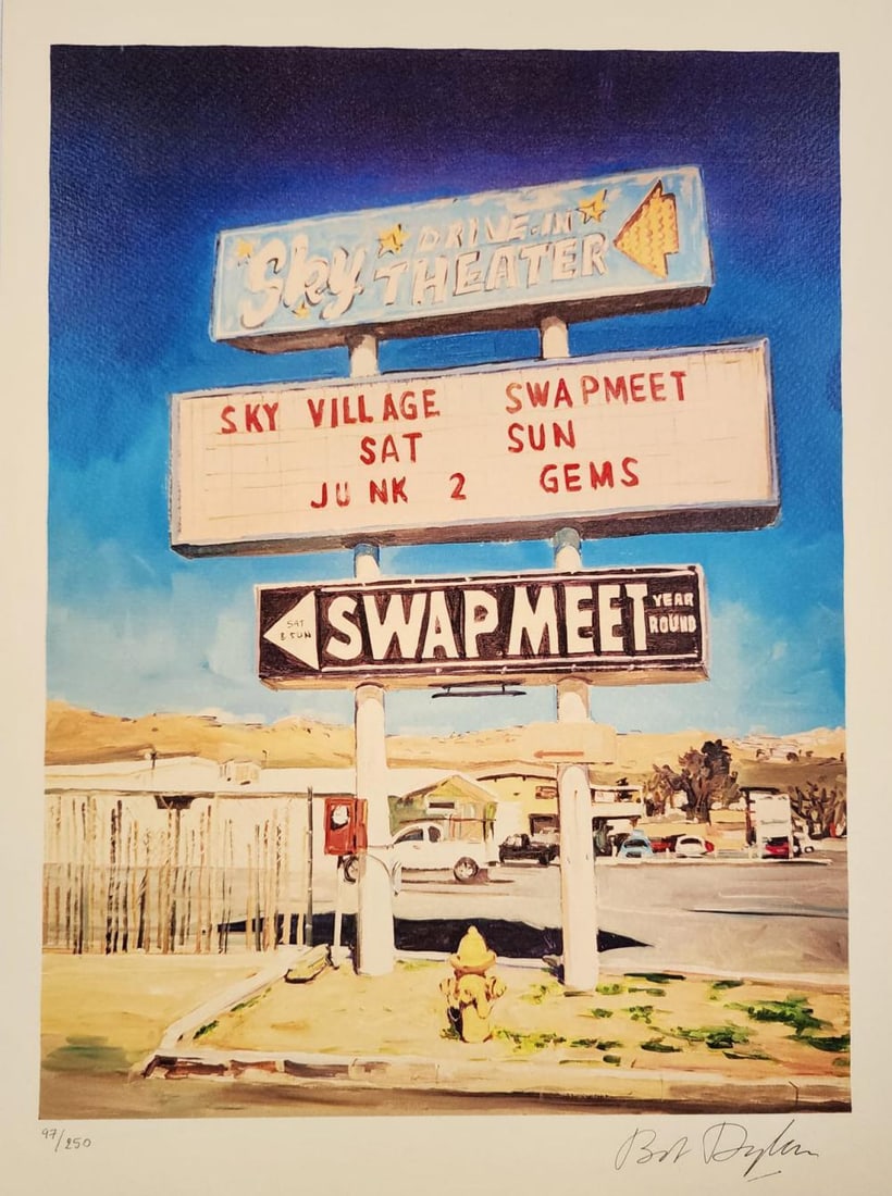 Bob Dylan, 'Abandoned Drive-In, Yucca Valley', Limited Edition Litograph: Description BOB DYLAN 'Abandoned drive-in, Yucca Valley' 'Retrospectrum', traveling exhibition, Tulsa, Shanghai, Miami, Rome Lithograph on paper Size- 30 x 40 cm. Edition of 250, Numbered in pencil Bo