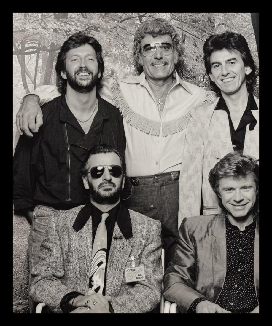 Terry O'neill, Eric Clapton, Carl Perkins, George Harrison, Ringo Starr and Dave Edmunds, 1985: Photographer: TERRY O'NEILL Subject/Title: Eric Clapton, Carl Perkins, George Harrison, Ringo Starr and Dave Edmunds Date Of Negative: 1985 Type Of Print: Authentic Sheet Fed Photogravure/Heliogravure