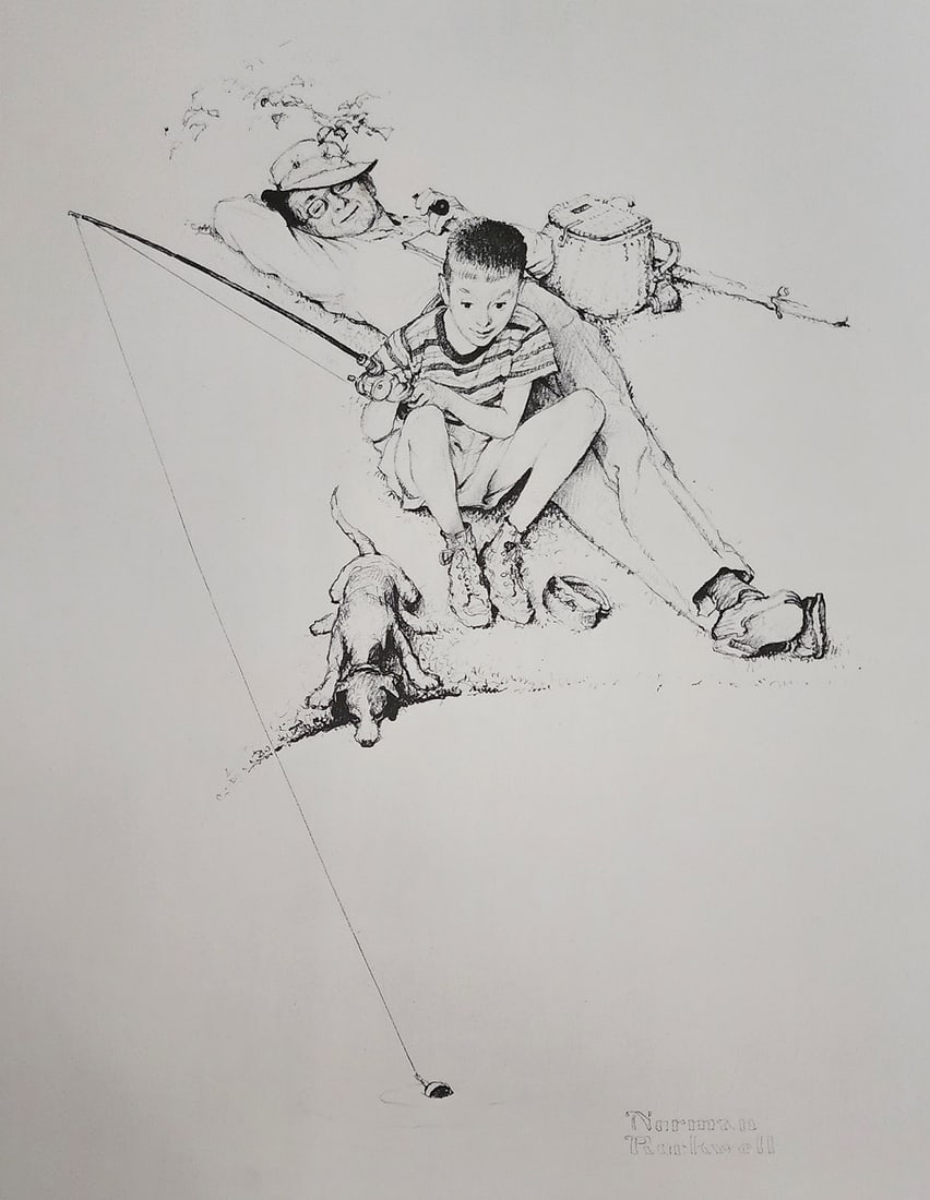 Norman Rockwell, Fishing Grandfather And Boy - 1950: Norman Rockwell "Fishing Grandfather and Boy - 1950" from the "American Family Life" portfolio, Sketch Drawing 1950s for Massachusetts Mutual Company Media: offset lithograph on heavy cardstock paper 