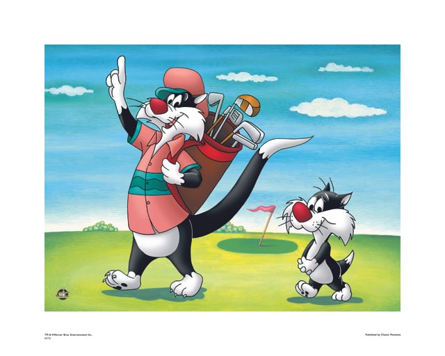 Warner Bros, Looney Tunes, Sylvester Cat & Son, "Out On The Golfing Green": Title: Sylvester Cat & Son, Out on the Golfing Green Subject: Sylvester The Cat Publisher: Classic Moments Type: Animation Giclee Paper: MT600 Year Produced: Circa 2000-2010 Size: 16" x 20" Condition: