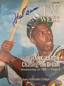 Hank Aaron, Hand Signed Denver Post Tv Week Newsprint W/ Coa