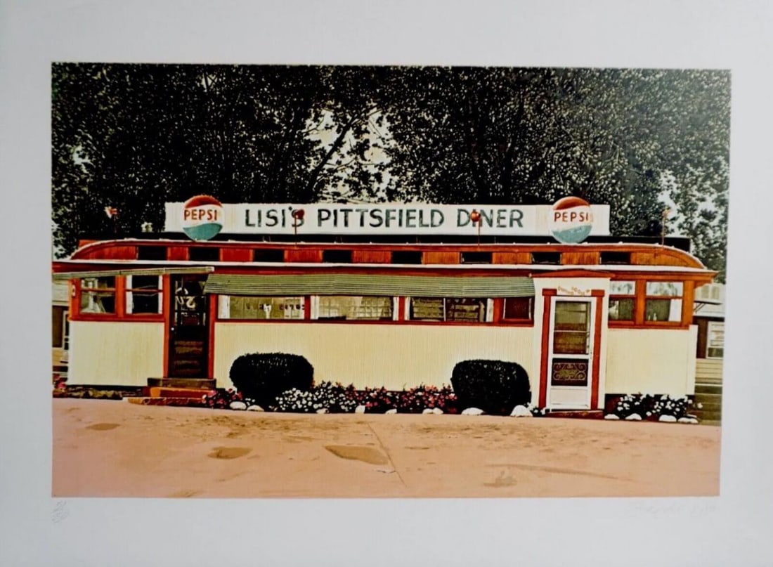 John Baeder, Lisi's Pittsfield Diner Photo, 1980, Screenprint: Artist: John Baeder Title: Lisis Pittsfield Diner Medium: Screenprint Signed: Hand Signed Year: 1980 Edition: Edition of 250 Measurements: 22 x 30 Condition: Excellent John Baeder is an American paint