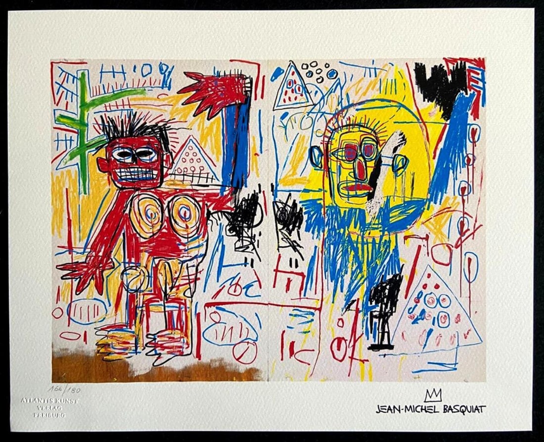 Jean-Michel Basquiat, 'Un-Titled - 1987' Limited Edition Lithograph: Description Jean-Michel Basquiat "Un-Titled" Chromo lithograph printed in 1987 and reproduced in 180 copies by Atlantis Verlag, Freiburg Size- 33x41 cm. Jean-Michel Basquiat signature on the plate Emb