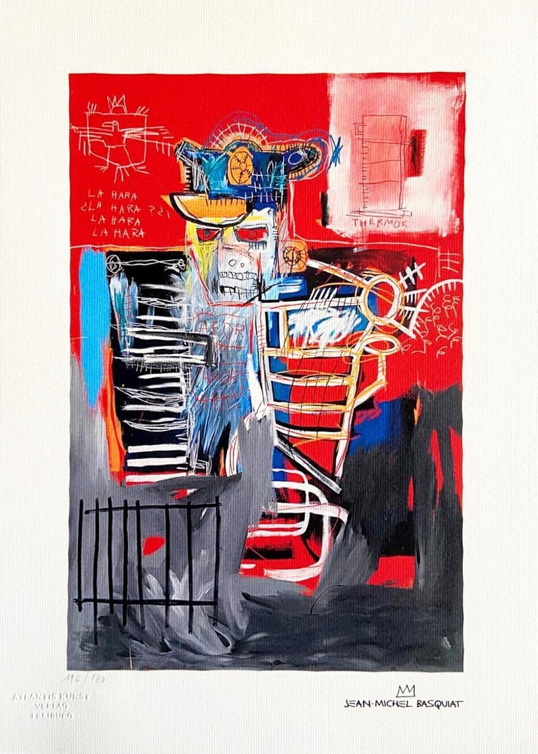 Jean-Michel Basquiat, 'La Hara' Limited Edition Lithograph 1987: Jean-Michel Basquiat "La Hara" Chromolithograph printed in 1987 and reproduced in 180 copies by Atlantis Verlag, Freiburg 32x45cm Jean-Michel Basquiat signature on the plate Embossed stamp and authent