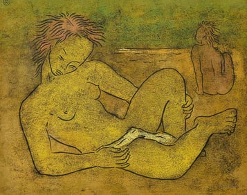 Angel Botello "Two Figures" Color Linocut C-1950