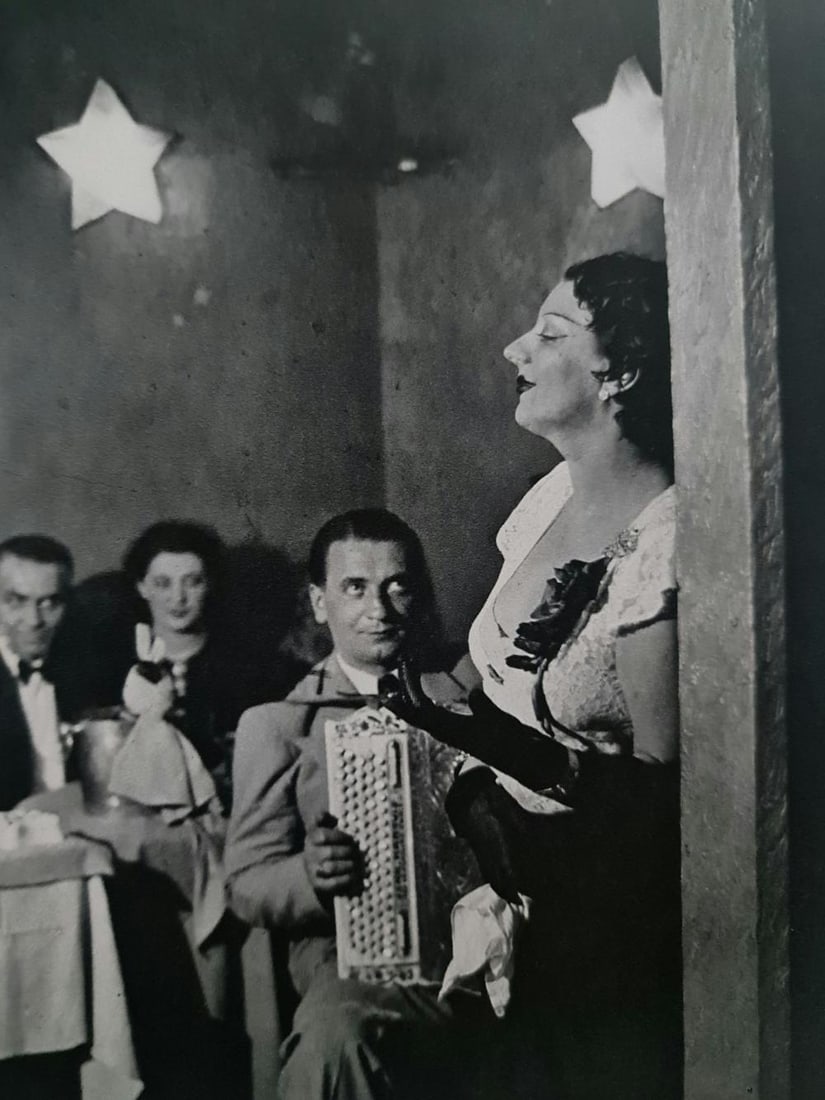 Brassai, Kiki Singing in a Montparnasse Cabaret, 1933: Photographer: Brassai (pseudonym of Gyula Halász, 1899 – 1984) - historically important Hungarian photographer, sculptor and filmmaker who rose to fame in France. Title: Kiki Singing in a Montparna