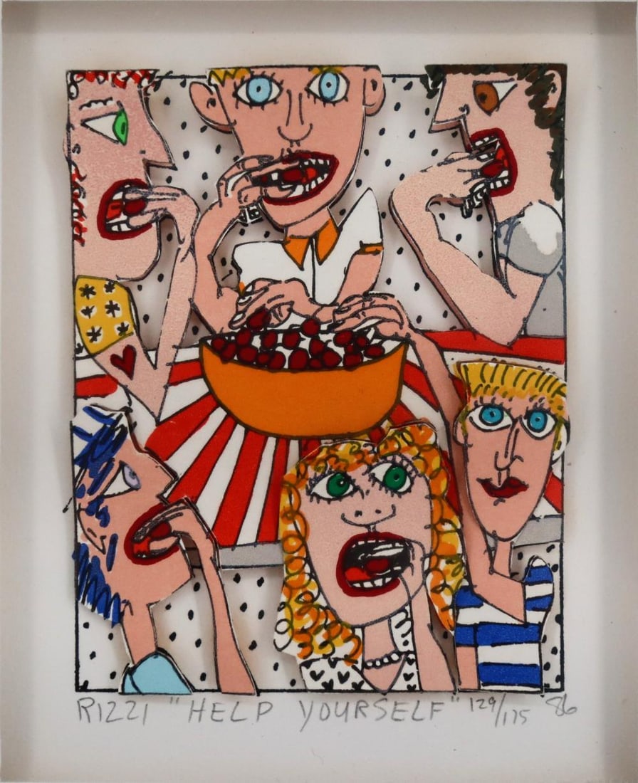 James Rizzi, Help Yourself, 3D Signed Limited Edition 1986: Artist: James Rizzi Title: Lunch Break Year: 1986 Approximate Image Dimensions: 5.5 x 4.5 Aproximate Framed Size- 12 x 10 Edition: 129/175 Medium: Serigraphed on 3D construction paper Signature Detail