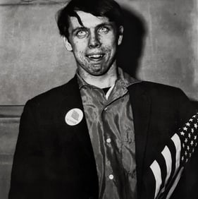 Diane Arbus, Patriotic young man with a flag N.Y.C., 1967
