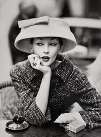 Richard Avedon, Dovima with Sacha, Cloche by Burenciaga, Cafe des Deux Magots, Paris, 1955
