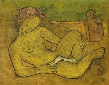 Angel Botello "Two Figures" Color Linocut C-1950