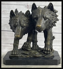 Williams, Dual Wolf Bust, (Two Wolves), Bronze Sculpture On Marble Base