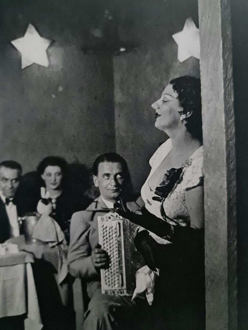 Brassai, Kiki Singing in a Montparnasse Cabaret, 1933: Photographer: Brassai (pseudonym of Gyula Halász, 1899 – 1984) - historically important Hungarian photographer, sculptor and filmmaker who rose to fame in France. Title: Kiki Singing in a Montparna