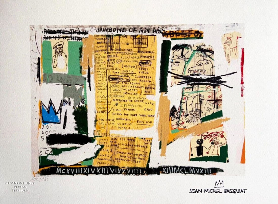 Jean-Michel Basquiat, 'The Jaw Of A Donkey' Limited Edition Lithograph 1978: Jean-Michel Basquiat "The jaw of a donkey" Chromolithograph printed in 1987 and reproduced in 180 copies by Atlantis Verlag, Freiburg 32 x 43 cm Jean-Michel Basquiat's signature is on the plate lower 