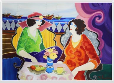 Itzchak Tarkay, 'Blue Cafe' Original Mixed Media On Canvas 30 x 40