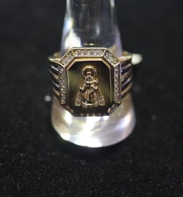 14KT Yellow Gold w/ White Gold Accents CZ Christian Iconography w/ Ridged Band Ring, Size 11