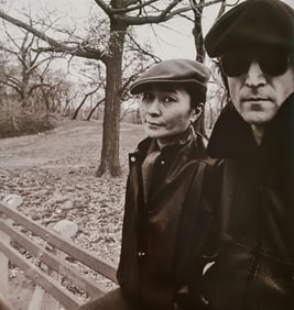 Allen Tannenbaum, John Lennon and Yoko Ono on park bench, Central Park NY, 1970's
