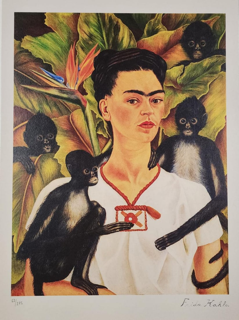 Frida Kahlo 'Selbstportrat Mit Affen' 1986, Limited Edition Lithograph: Frida Kahlo "Selbstportrat mit Affen" The lithograph was printed in 1986 by the Birkhauser , Basel in 275 copies. Signed Frida Kahlo on the plate. The work measures 16x12 Inches. Condition: In Excelle