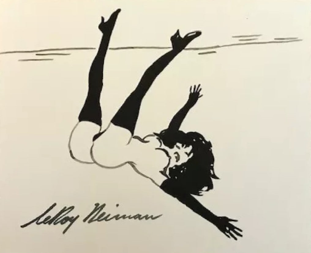 LeRoy Neiman, Playboy Femlin Falls Off the Wire, Signed Watercolor Drawing (1 of 2)