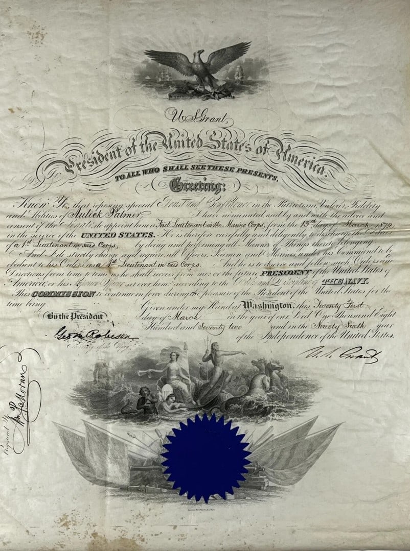 U.S President Ulysses S. Grant, 'Appointment to Marine Corps' Memorabilia, Signed Document, 1872 (1 of 8)