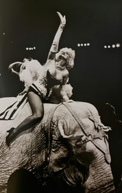 Carone, Marilyn Monroe riding a Barnum & Bailey elephant, 1955
