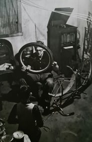 Dennis Stock, James Dean helping cousin Markie fix his bike, Fairmount Indiana