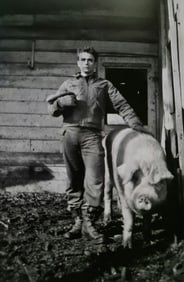 Dennis Stock, James Dean, "Tintype with sow," Fairmount Indiana