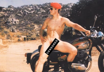 Bruce Bellas of Los Angeles Motorcycle and beret, 1950's - 7.5"x5"