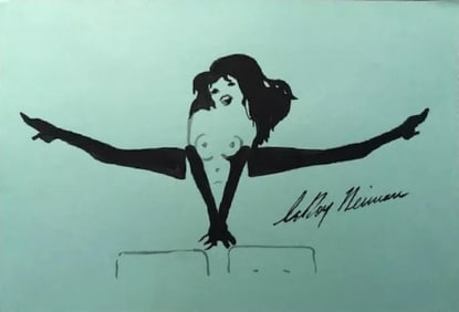LeRoy Neiman, PLAYBOY FEMLIN ON THE BALANCE BEAM, ORIGINAL SIGNED WATERCOLOR DRAWING