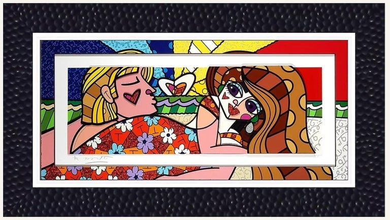 Romero Britto 'Couple on Beach - 2020' 3d Sculptograph with Diamond Dust, Signed (1 of 4)