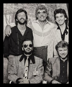 Terry O'neill, Eric Clapton, Carl Perkins, George Harrison, Ringo Starr and Dave Edmunds, 1985