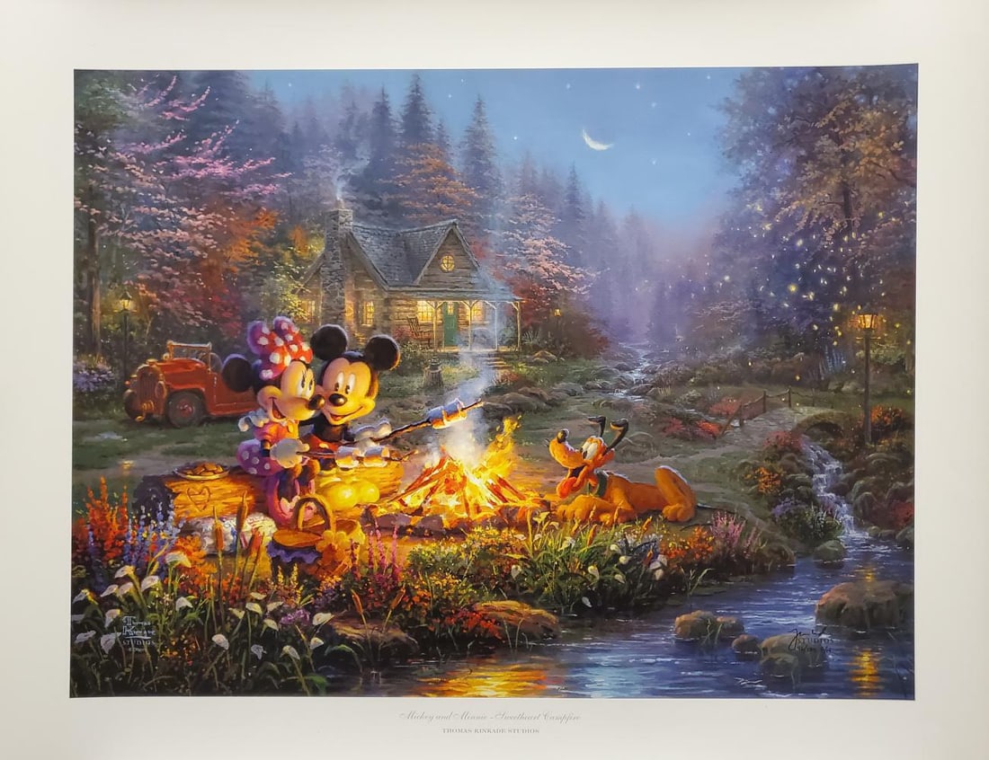 Thomas Kinkade Mickey And Minnie Sweet Heart Campfire 28 X 22 Framed (1 of 2)