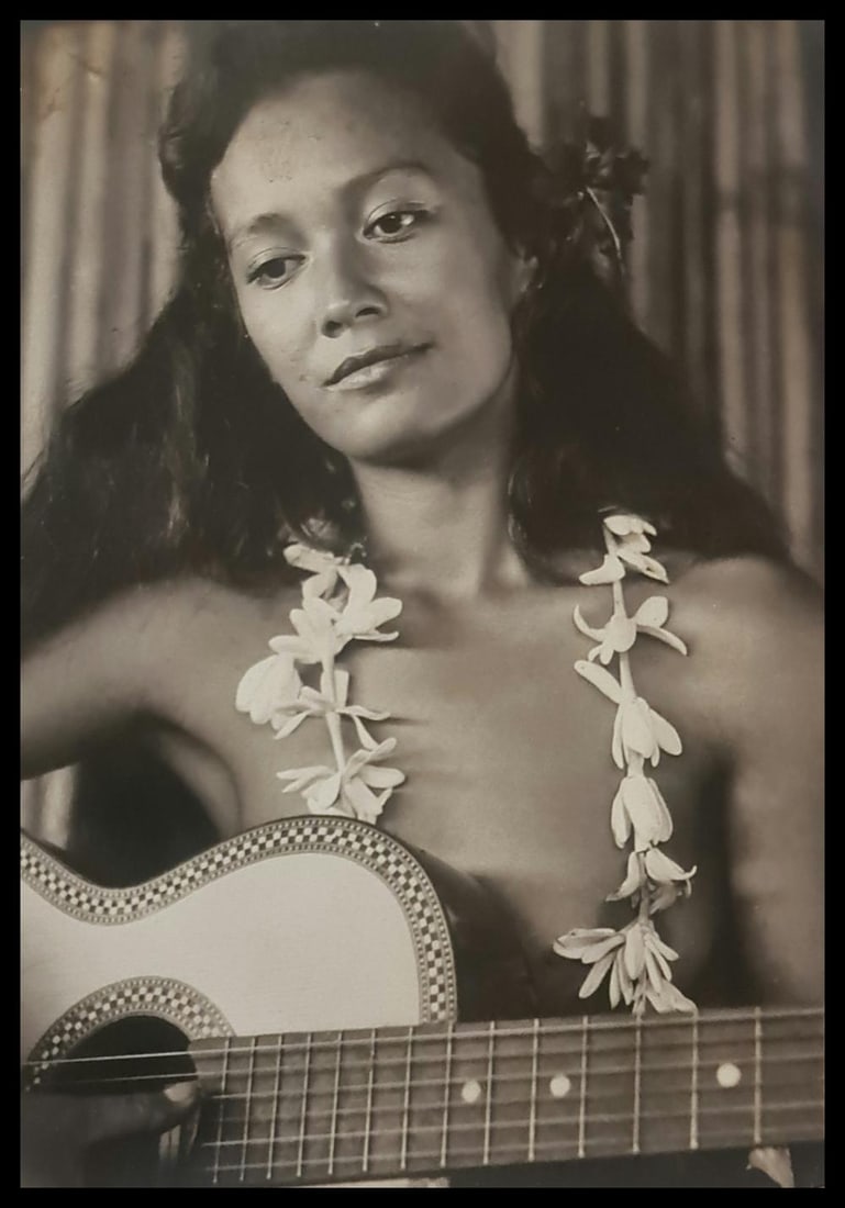 Adolphe Sylvain, Greta playing the guitar, 1950: Photographer: Adolphe Sylvain - 1920-1991, was a French-Tahitian photographer, best known for his black-and-white photographs of Tahiti and Tahitian models. Subject/Title: Tahiti Date Of Negative: 195