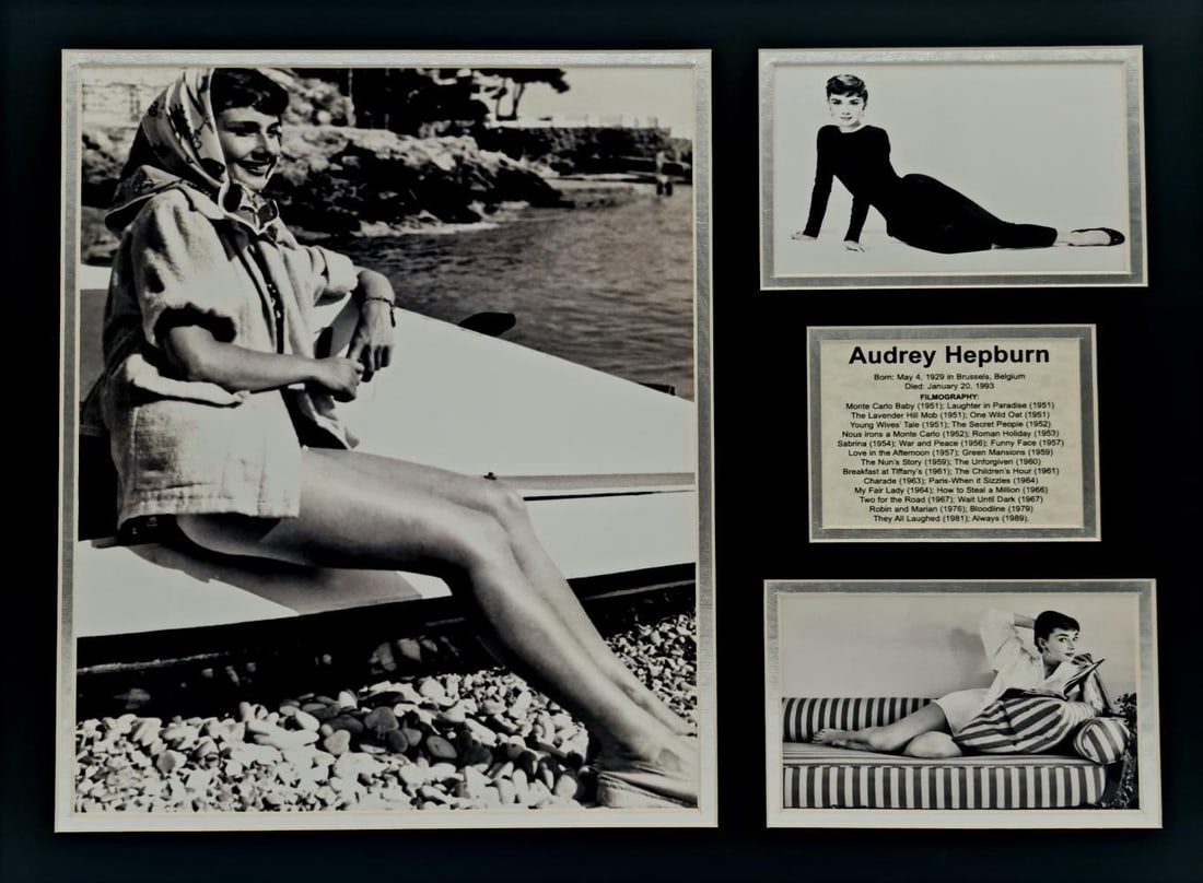 Audrey Hepburn Trio Of Photos: Subject:Audrey Hepburn Trio of Photos Description: Audrey Hepburn posing at the beach, on a couch & on a floor Type: Photo Reproduction Print Matte Size: 16" x 20" Country of Origin: USA Condition: Ex