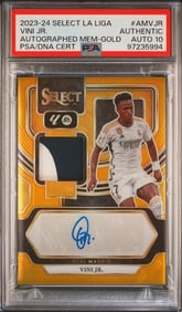 Vini Jr. 2023-24, PSA 10 Authographed Gold Panini Select Card La Liga Auto Relic Soccer Jersey 4/10