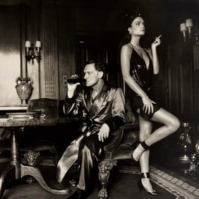 Helmut Newton, Hugh Hefner and Carrie Leigh, Beverly Hills, 1984