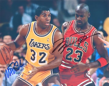 Michael Jordan & Magic Johnson, Lakers V.S Bulls, Hand-Signed Authenticated Picture, 8"x10"