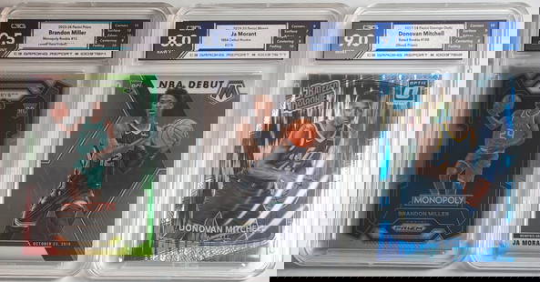 3 Rookie Cards Donovan Mitchell, Ja Morant, Brandon Miller: Brandon Miller Silver Holo Prizm 9.5 Ja Morant Rookie Gem Mint 8 Donovan Mitchell Optic Rated Rookie Gem Mint 9 Lot of 3 Cards.