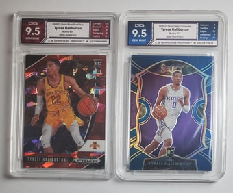 Tyrese Haliburton Rookies, Blue Holo Prizm & Red Cracked Ice Gem 9.5