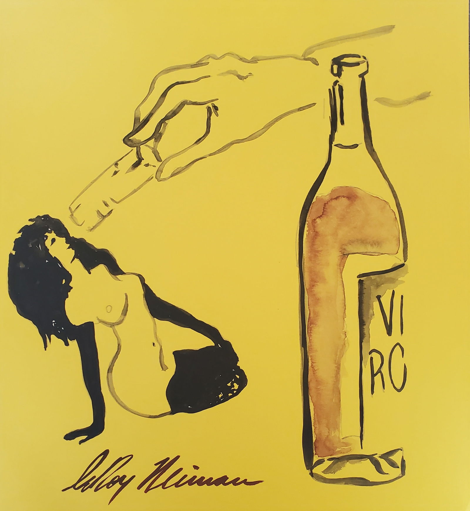 LeRoy Neiman, Playboy Femlin gets corked, Original Signed Watercolor Drawing