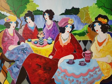 Itzchak Tarkay, 'Lake Cafe', Original Acrylic Canvas Painting, 2000