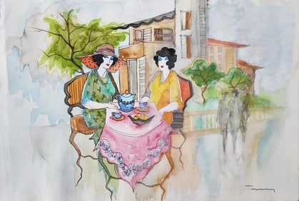 Itzchak Tarkay, 'Village Brunch', Original Watercolor On Franch Arches Paper, 22"x15"