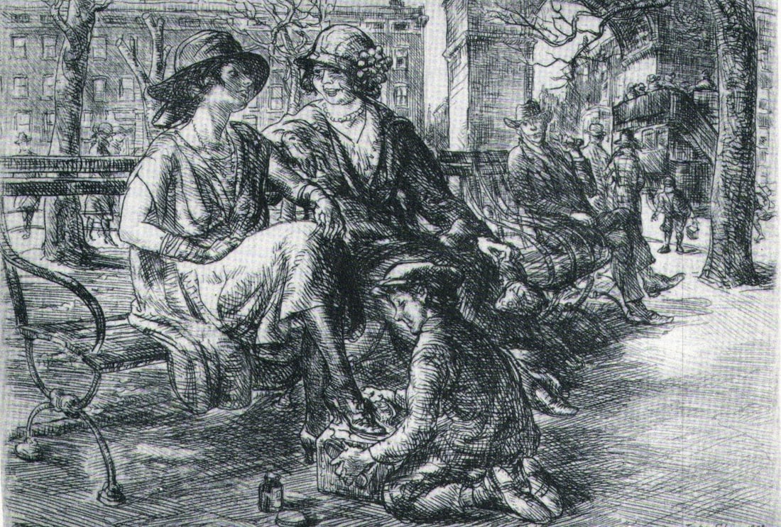 John Sloan, Shine, Washington Square, 1923: Artist: John Sloan Title: Shine, Washington Square Date Of Negative: 1923 Type Of Print: Vintage Photogravure/Lithograph, Printed from the original plate Date Of Print: 1939 (82 years old print) Paper