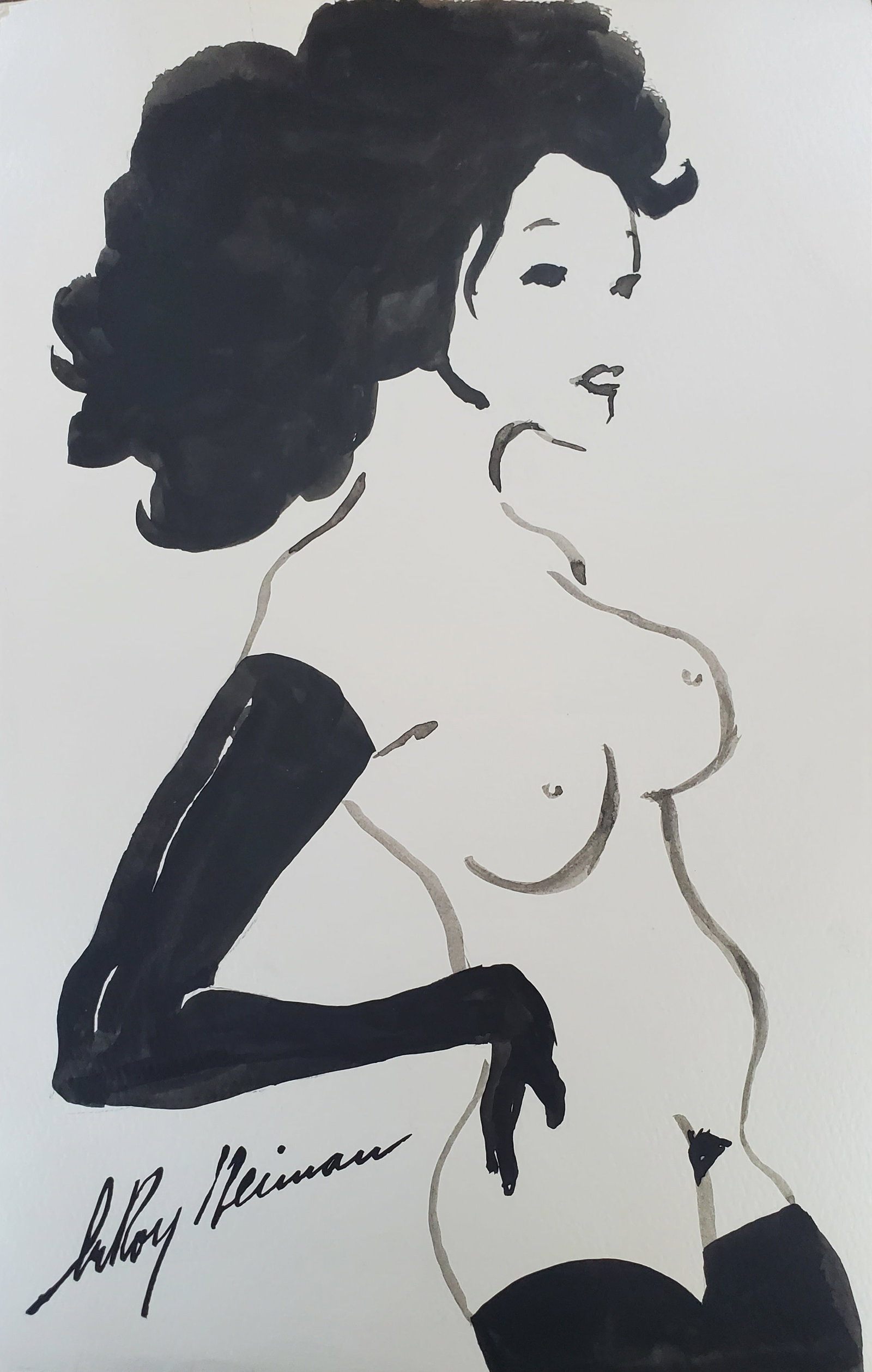 LeRoy Neiman, Playboy Femlin with hands upon her hips, Original Signed Watercolor Drawing: Artist: LeRoy Neiman Title: Playboy Femlin Medium: Watercolor on Paper Subject: Playboy Magazine Femlin Condition: Very Good Size: 11.75 x 8.25 Condition: Very Good - Excellent