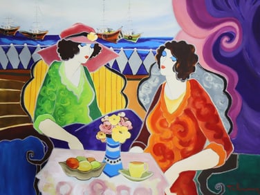 Itzchak Tarkay, ''Blue Café" Mixed Media On Canvas 30 x 40